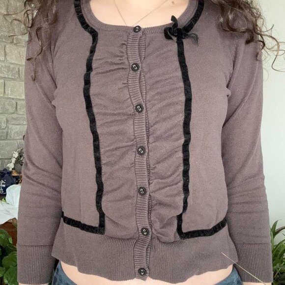 H&M Ruffled Bow Velvet Button Down Cardigan - Picture 1 of 4